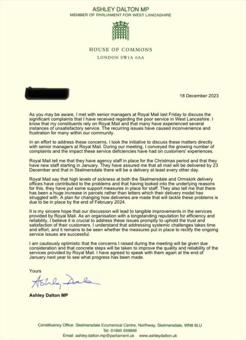A written statement from Ashley following her meeting with Royal Mail officials on 15th December.