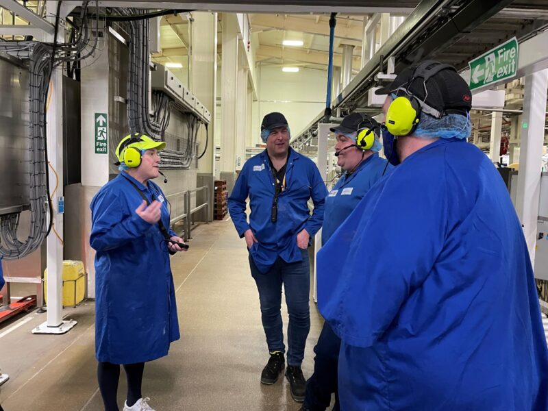 Ashley speaking to staff at Walkers in Skelmersdale.