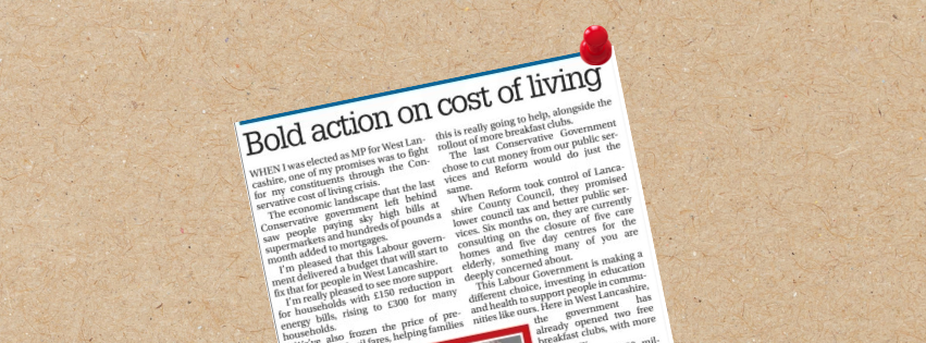 Preview of Ashley Dalton's column in the Ormskirk Advertiser, on top of a noticeboard, with a bin in.