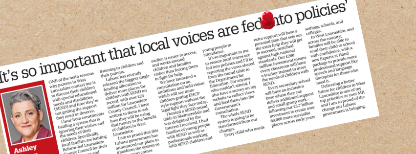 Preview of Ashley Dalton's monthly column in the Ormskirk Advertiser, on a noticeboard.
