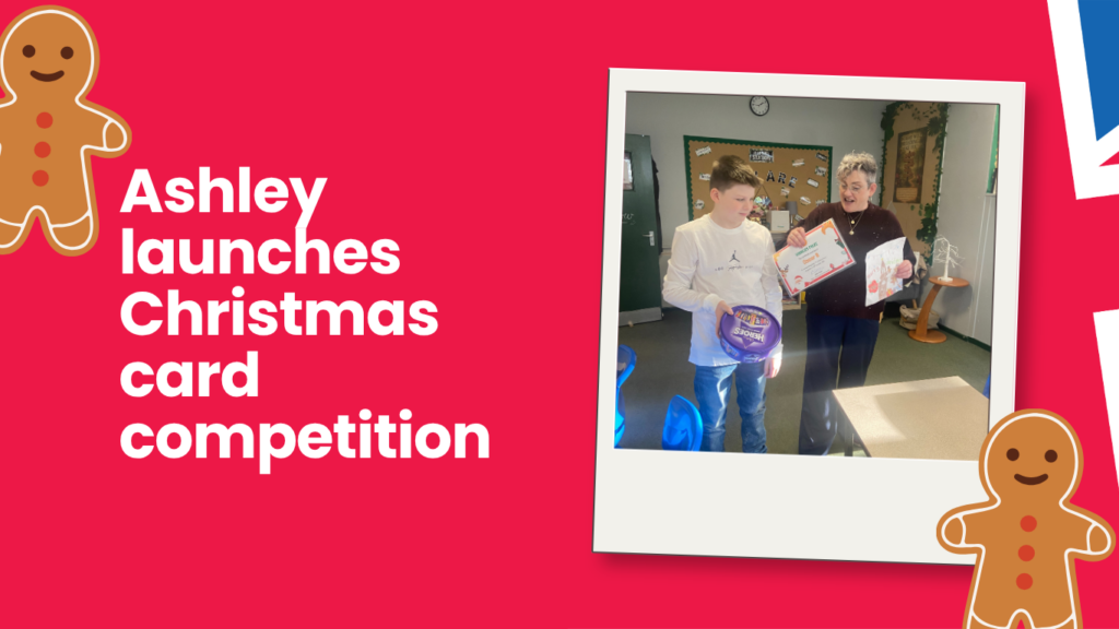 Image of Ashley Dalton presenting a certificate and prize to primary school boy. Text reads 'Ashley launches Christmas card competition'. 2 Images of gingerbread men.